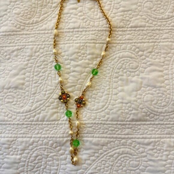 VTG Monet Station Chain Immitation Pearl Green Faceted Glass Statement Necklace - Picture 1 of 6